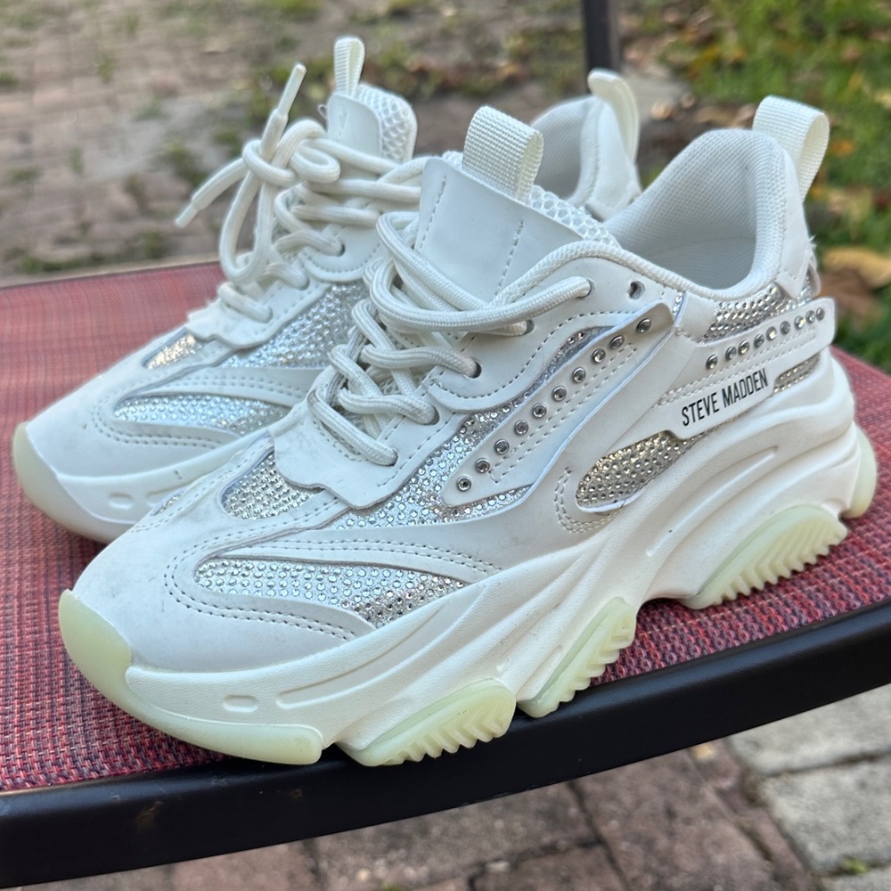 Steve Madden White and Silver Embellished Sneakers